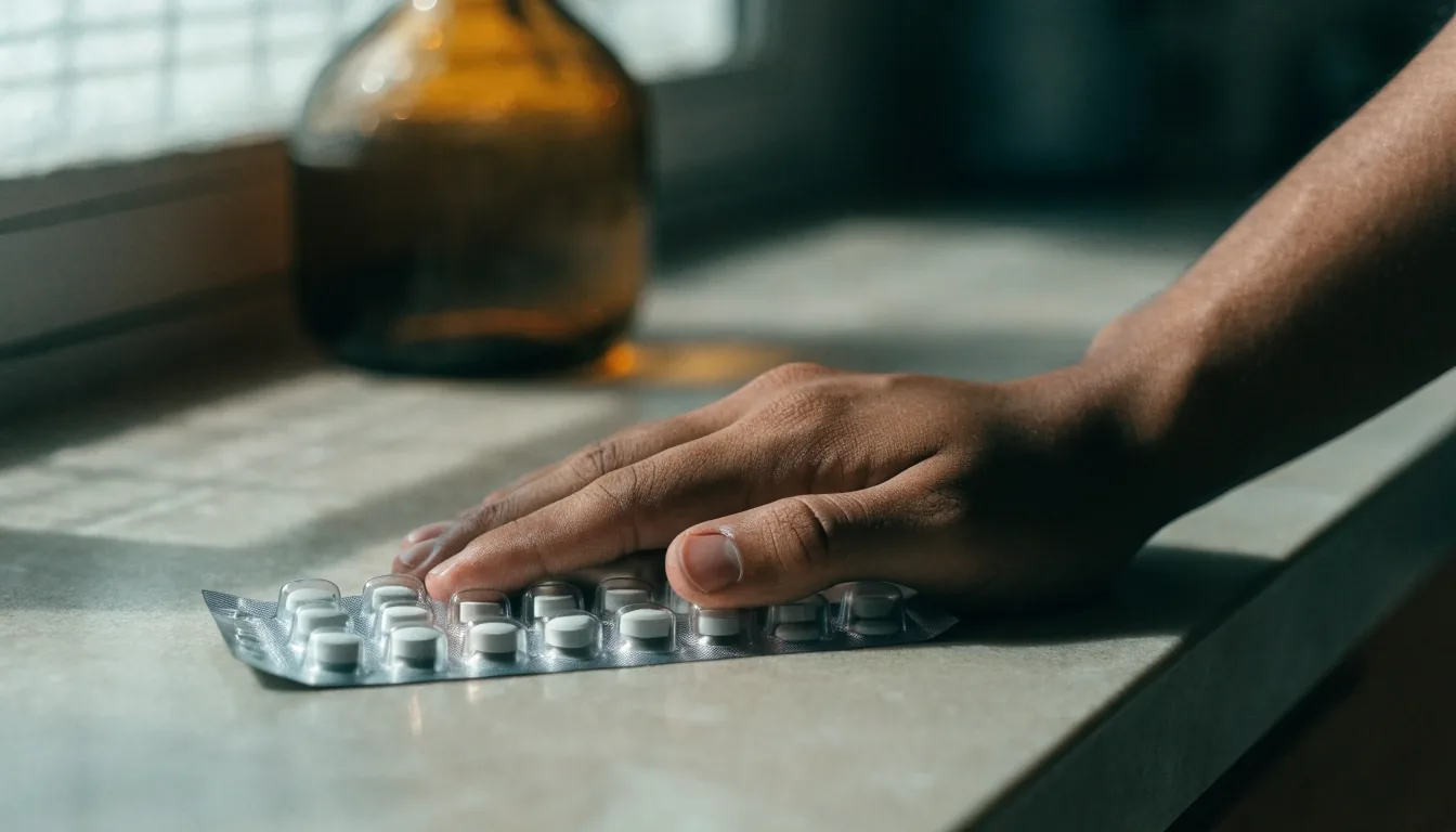 A hand resting on a foil blister pack of unbranded daily tablets on a kitchen counter in early morning light