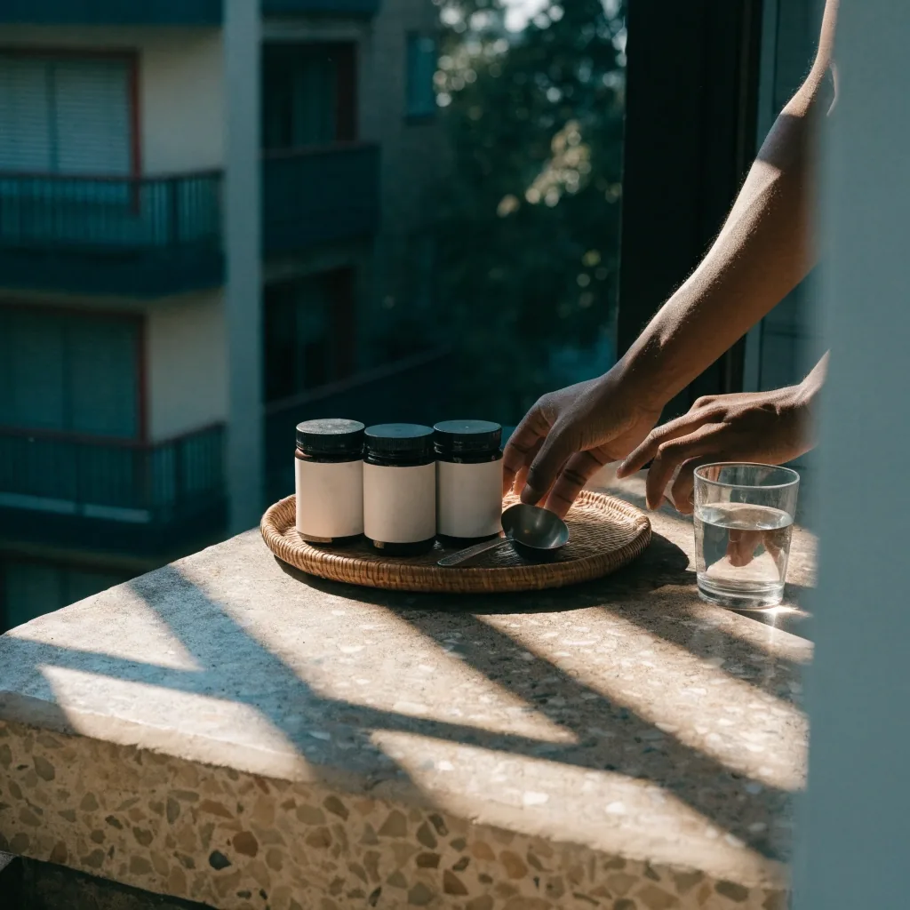 Three unbranded supplement containers lined up on a counter with a scoop and a glass of water