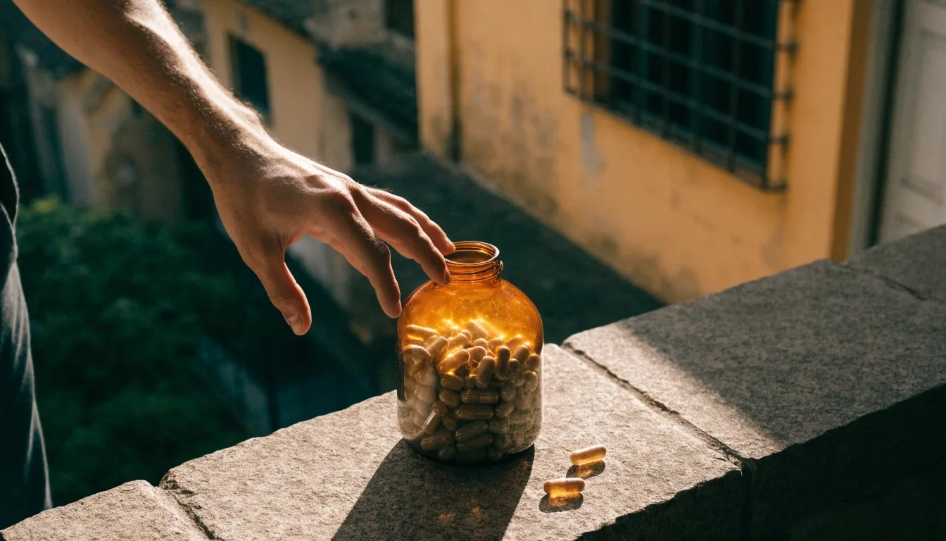 Two unprinted capsules resting on a scored stone surface under raking side light