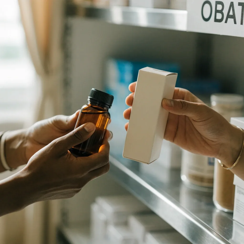 A shopper's arm reaching toward unbranded supplement bottles on a pharmacy shelf