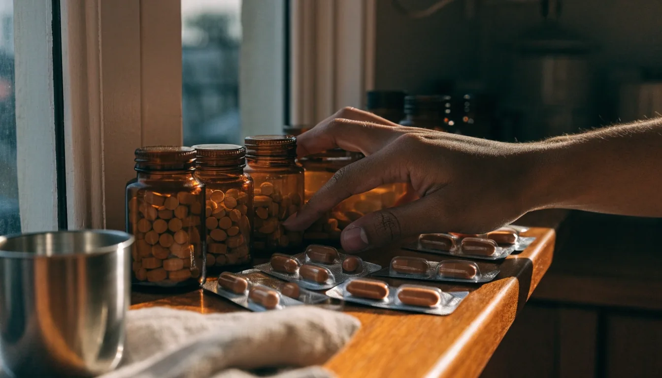 Overhead documentary frame of an unbranded supplement tray with amber bottles and bare foil blister strips under low evening light